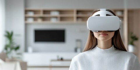 A serene woman sits in her modern living room, wearing a VR headset, enjoying an immersive digital experience, highlighting leisure and the future of home entertainment.