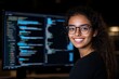 © Odin AI - A woman confidently uses a computer in a dimly lit room with glowing screen. Her curly hair and professional attire suggest focus in a programming environment.