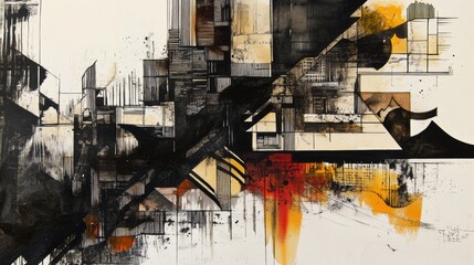 Fototapete - Bold black ink shapes depict an abstract urban landscape, combining sharp lines and fluid forms to suggest a vibrant city atmosphere. Generative AI