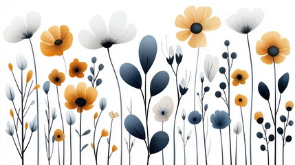 Wall Mural - abstract botanical illustration featuring various stylized flowers and leaves in shades of orange, w