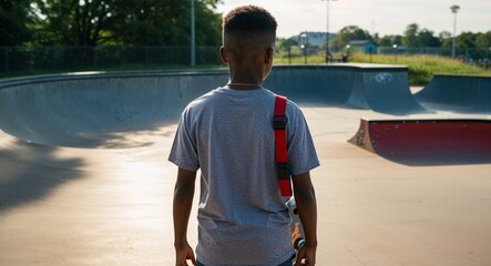 Wall Mural - African Teen Boy with Short Hair in Casual Clothes at Skateboard Park Back View Portrait