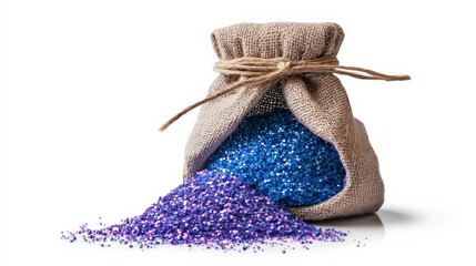 Blue neon fairy dust in pouch, isolated on white, whimsical and ideal for magical designs