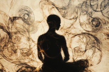 Poster - A solitary figure sits in meditation, enveloped by gentle, swirling patterns that evoke a sense of tranquility and introspection. Generative AI
