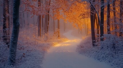 Aufkleber - A serene forest path is blanketed with fresh snow, while warm golden light filters through trees at dawn, creating a tranquil winter atmosphere.
