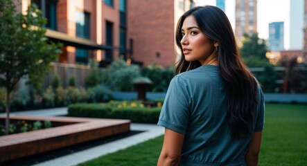 Wall Mural - Hispanic Young Woman with Long Hair in Casual Dress at Urban Garden Back View Portrait