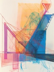 Fototapete - The artwork features a bold, abstract design of a bridge, blending colors and geometric shapes to create a striking visual effect. Generative AI