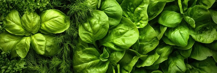 Poster - A vibrant assortment of freshly harvested lettuce, dill, and basil displayed, highlighting their fresh colors and textures in a garden setting. Generative AI