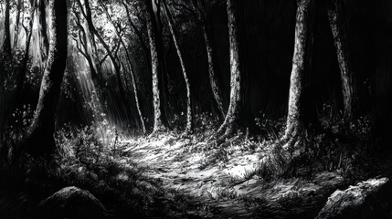 Leinwandbilder - The artwork captures a dense forest with intricate tree details and shadows, illuminated by soft light filtering through the canopy. Generative AI