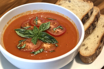 Bowl of tomato soup with bread on a plate, served on a wooden table with a spoon. Warm and comforting meal in a cozy setting.