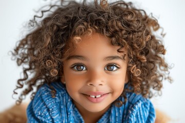 professional studio photo of happy mixed race child with curly hair and blue outfit laughing