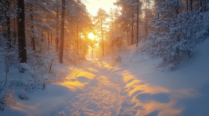 Poster - The sun casts a golden glow over a snow-covered forest path, highlighting the serene beauty of winter. Tall trees frame the picturesque scene as shadows dance in the light.