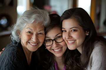 Three women smiling and hugging each other joyfully.