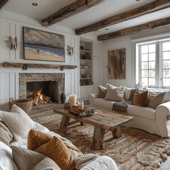 Modern Farmhouse Living Room with Fireplace and Wooden Coffee Table in Bright Interior