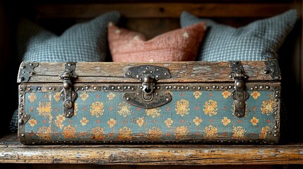 A vintage trunk with floral patterns, resting on a shelf with decorative cushions.