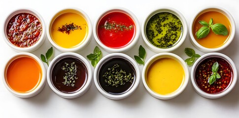 Wall Mural - A variety of colorful sauces and oils in small bowls, showcasing culinary ingredients.