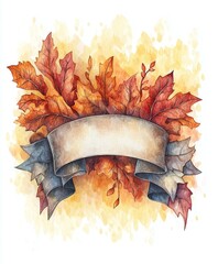 Wall Mural - Watercolor autumn banner featuring colorful leaves in warm hues, perfect for seasonal design projects.