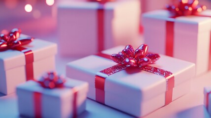 Wall Mural - White boxes with red bows stacked neatly, perfect for gifts, celebrations, or festive occasions.