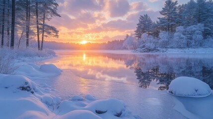 Aufkleber - A breathtaking winter sunset casts a warm glow over a peaceful lake, framed by snow-covered rocks and frosted trees. The calm water reflects the vibrant colors of the sky.
