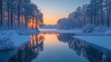 Poster - As the sun rises, its warm glow reflects off the icy waters of the river, surrounded by snow-draped trees, creating a peaceful winter atmosphere.