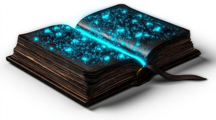 Sorcerer book of enchantments with glowing neon blue text, isolated on white