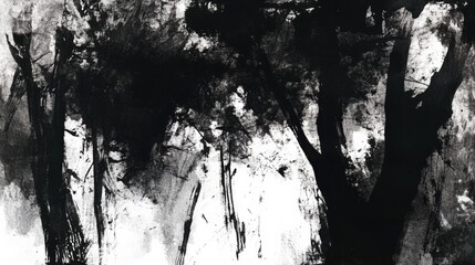 Leinwandbilder - This artwork features a densely packed forest rendered in black ink, showcasing intricate tree details and dramatic shadows for depth. Generative AI