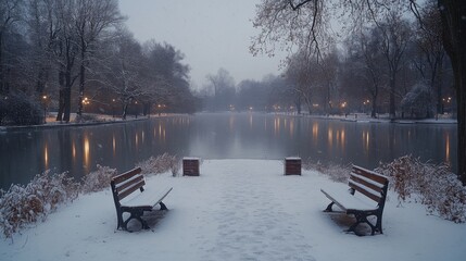 Poster - Two benches sit beside a tranquil lake surrounded by snow-laden trees. The soft glow of lights reflects off the water, creating a serene winter atmosphere.