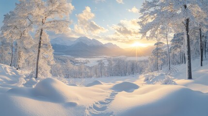 Poster - A peaceful winter scene unfolds as the sun rises over snow-laden trees. The landscape is bathed in soft light, revealing a vast valley and distant mountains.