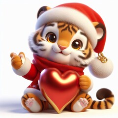 Wall Mural - 3d Cute fluffy christmas tiger cub doing mini heart pose, full body, white background