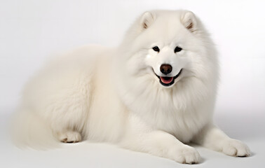 Cute Samoyed dog with fluffy white fur and playful pose on a white background.