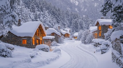 Poster - Charming cottages blanketed in fresh snow create a picturesque atmosphere as warm light spills from the windows, surrounded by tall trees at twilight.