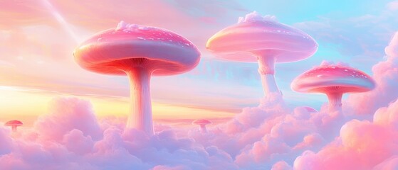 Wall Mural - A pink and purple sky with three pink mushrooms in the clouds. The sky is filled with fluffy clouds and the mushrooms are floating in the sky. Scene is whimsical and playful