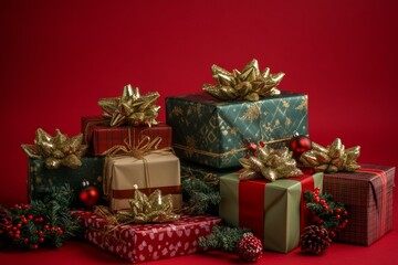 Wall Mural - Colorful wrapped gifts with ribbons and bows, arranged on wooden floor, ready for festive celebration.