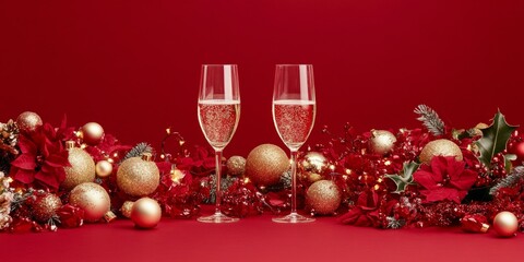 Wall Mural - Sparkling champagne glasses with festive Christmas decorations, pine branches, and golden baubles on table.