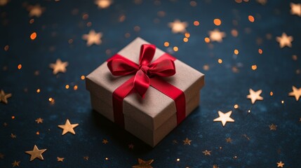 Wall Mural - Brown box with red bow placed on blue surface, creating contrast in simple, elegant composition.