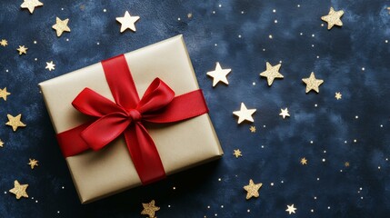 Wall Mural - Gift box wrapped with red ribbon, adorned with gold stars, perfect for celebrations and special occasions.
