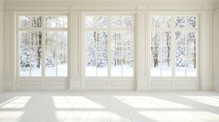 Wall Mural - Snowy landscape viewed through large windows in spacious room, creating serene, wintry indoor scene.