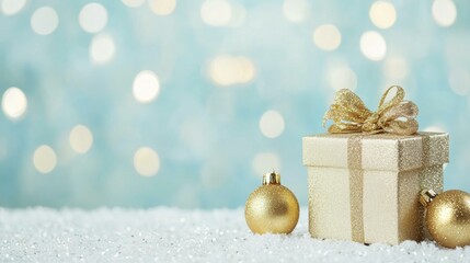 Sticker - Christmas gift box with golden baubles, red ribbon, festive decorations on wooden table, holiday season.