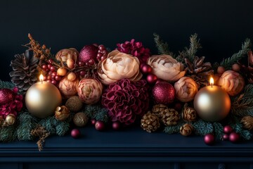 Sticker - Christmas garland adorned with candles, ornaments, pine cones, evergreen branches, festive centerpiece.