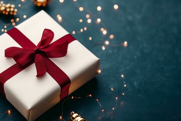 Wall Mural - White gift box with red bow, gold Christmas ball, festive decoration, holiday celebration, elegant design.