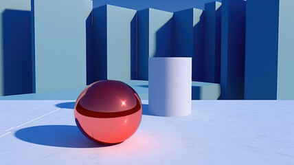 Wall Mural - front view of 3d image of two spheres next to two cylinders on light blue table against dark and light blue background, highly detailed image