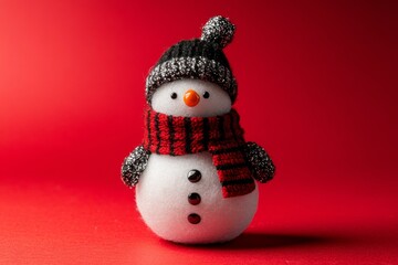 Wall Mural - Snowman with red scarf, hat, smiling face, standing in snowy field, surrounded by snow-covered trees.