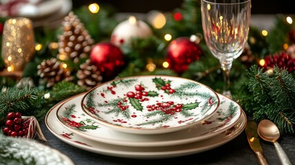 Sticker - Festive plate featuring Christmas theme, decorated with holly leaves, berries, snowflakes, and reindeer.