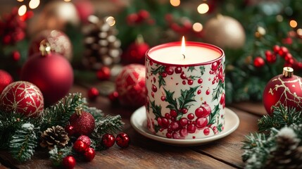 Wall Mural - Candle with Christmas decorations on wooden table, featuring festive ornaments and warm lighting.