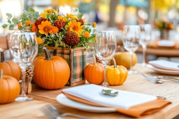 Wall Mural - Table display with flowers and pumpkins, showcasing autumn harvest, warm tones, and rustic charm.