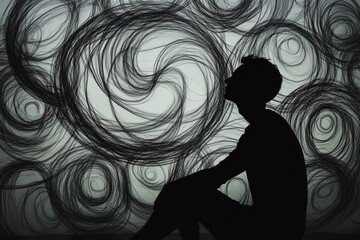 Poster - A person sits in silhouette, deeply engaged in thought, set against a backdrop of swirling abstract lines and textures. Generative AI