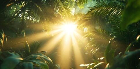 Sunlight filters through lush jungle foliage, creating a serene and vibrant atmosphere.