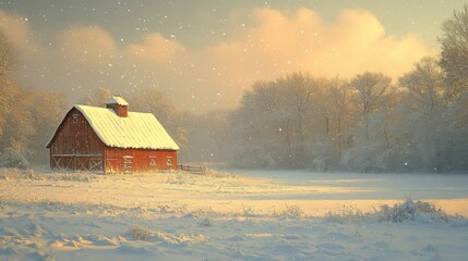 Poster - Snowflakes gently fall on a vibrant red barn surrounded by a serene winter landscape, while soft pastel hues fill the twilight sky, creating a tranquil atmosphere.