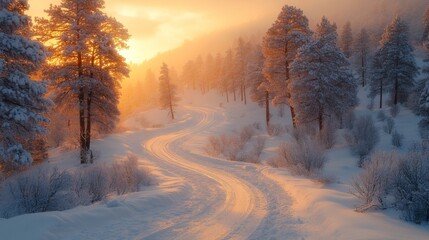 Poster - A beautiful winding path cuts through the snow-laden pine trees, illuminated by the warm glow of the sunset, creating a tranquil winter atmosphere.