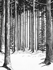 Leinwandbilder - A detailed sketch presents a dense forest filled with intricate trees, casting shadows in a tranquil winter landscape. Generative AI