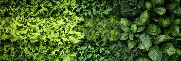Poster - A variety of fresh lettuce, dill, and basil is displayed on a rustic wooden surface, highlighting the lush colors of the greens. Generative AI